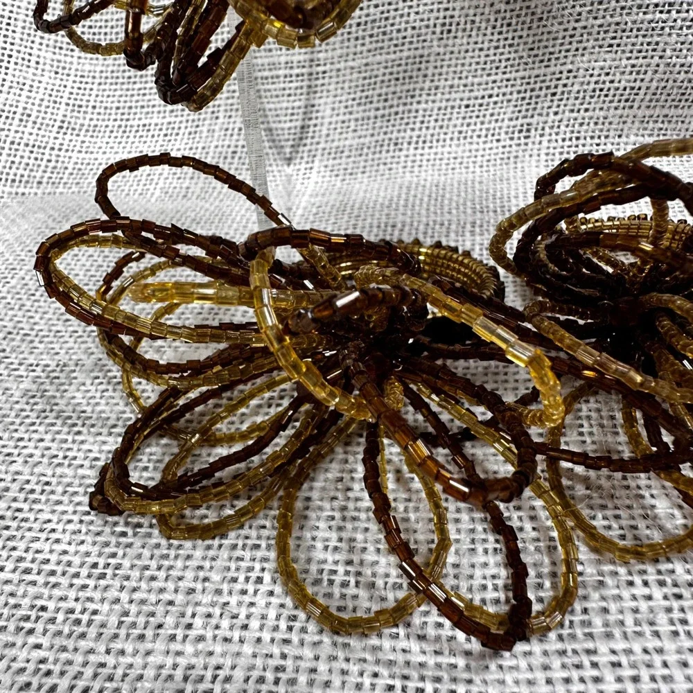 Set of 6 Beaded Napkin Rings Amber Bronze Brown Floral Glass Bead Table Decor